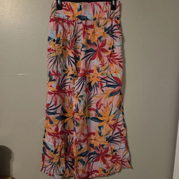 Jessica Simpson Pink Floral Wide Leg Cropped Pants Sz L ResortWear Lagenlook - Picture 4 of 10